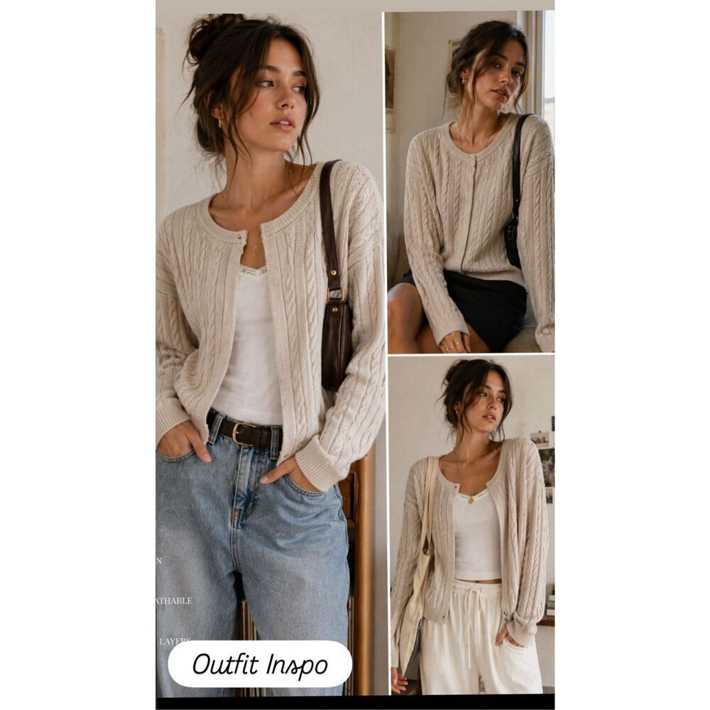 Young Fabulous & Broke 100% Cotton Cream Cable Knit Cardigan Size M